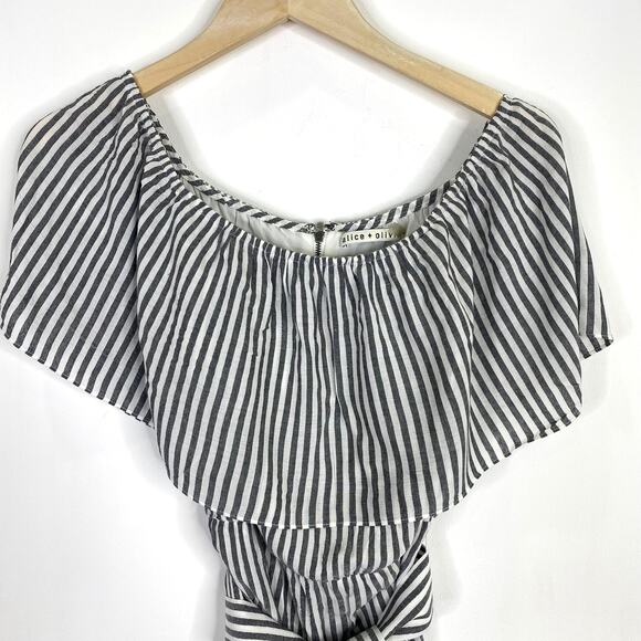 ALICE+OLIVIA Dory Romper Shorts Sz 0 Black Stripe Off Shoulder Ruffled Coastal - Picture 5 of 12